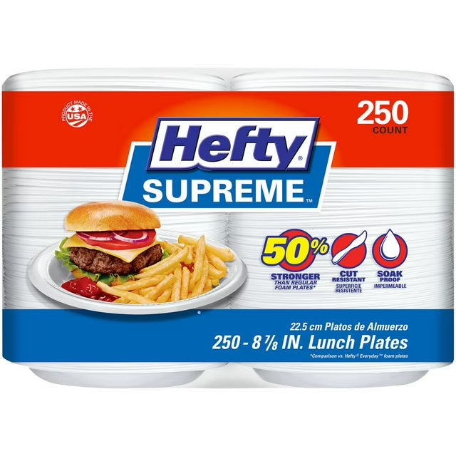 Hefty Supreme Foam Disposable Lunch Plates – 8 7/8” Size, 250-Pack | Strong & Leak-Resistant Plates